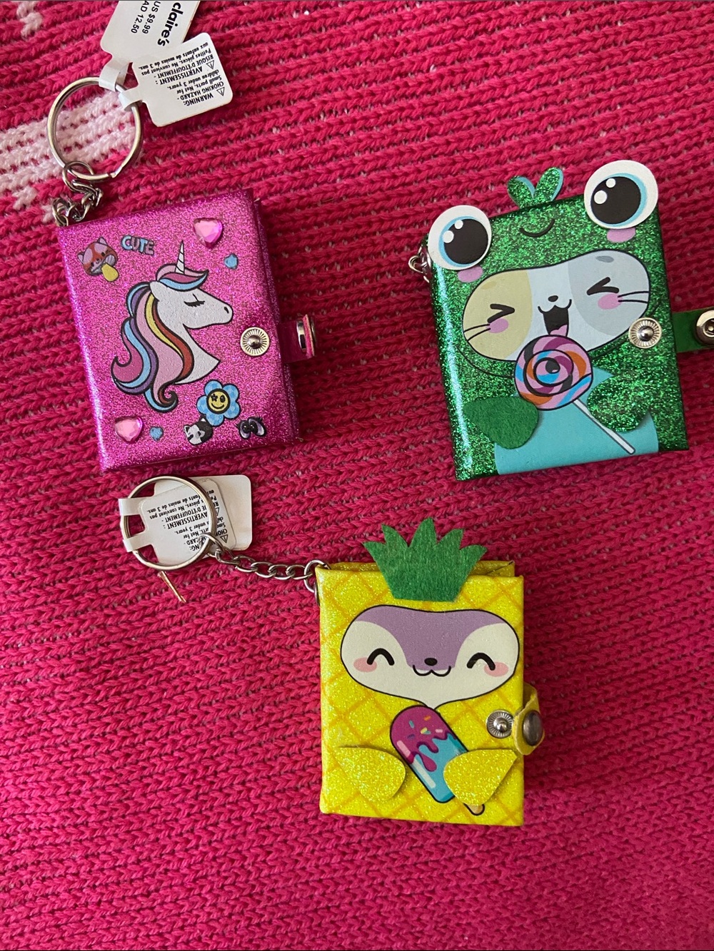 Claire's Glitter Pineapple Keychain Yellow with Green & Pink Accents mini books